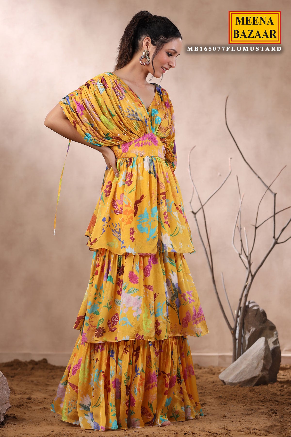 Mustard Floral Printed Chinon Georgette Cutdana and Beads Embroiderted Fishcut Maxi Dress