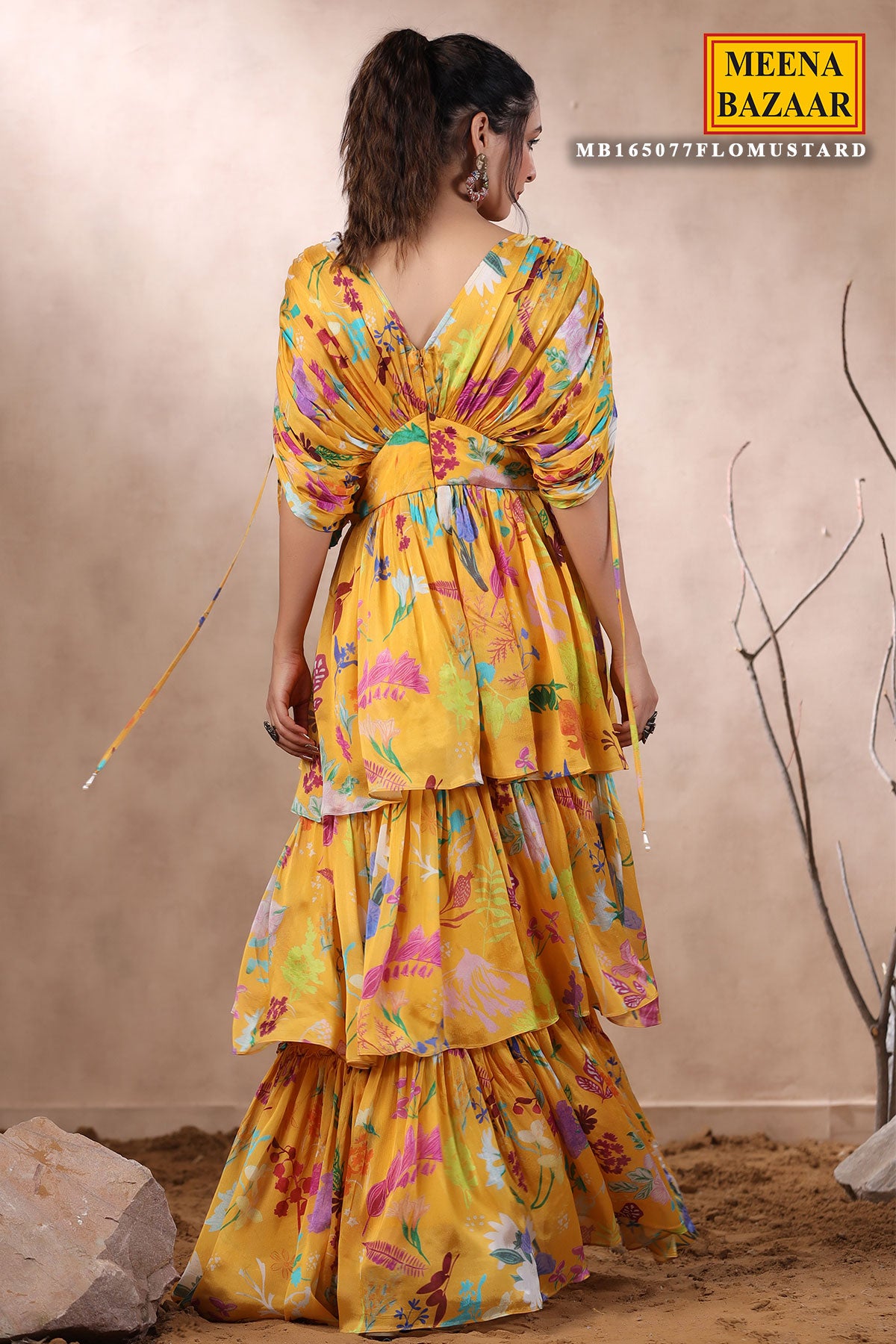 Mustard Floral Printed Chinon Georgette Cutdana and Beads Embroiderted Fishcut Maxi Dress