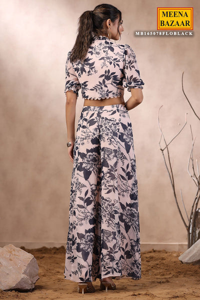 Black Floral Printed Chinon Georgette Cutdana and Sequins Embroiderted 2-Piece Co-ord Set