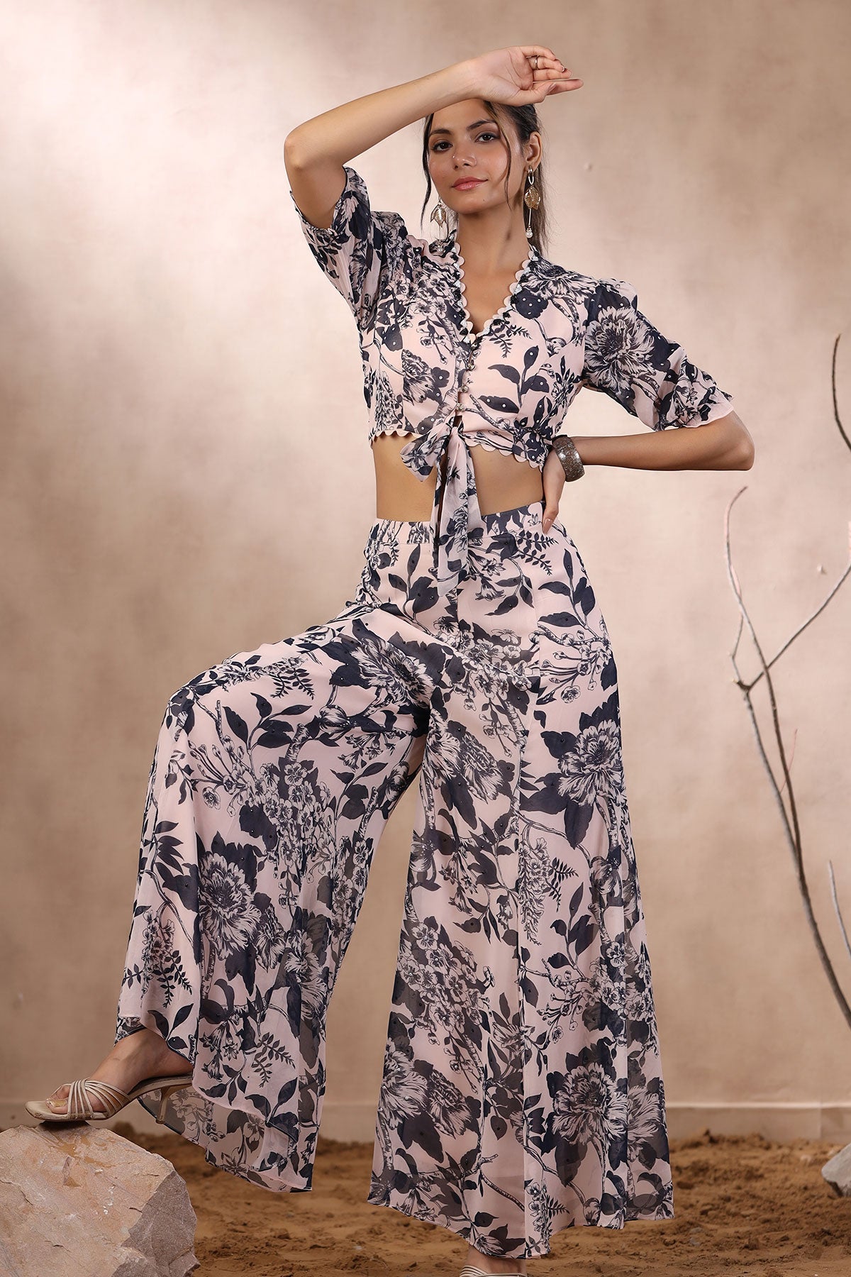 Black Floral Printed Chinon Georgette Cutdana and Sequins Embroiderted 2-Piece Co-ord Set