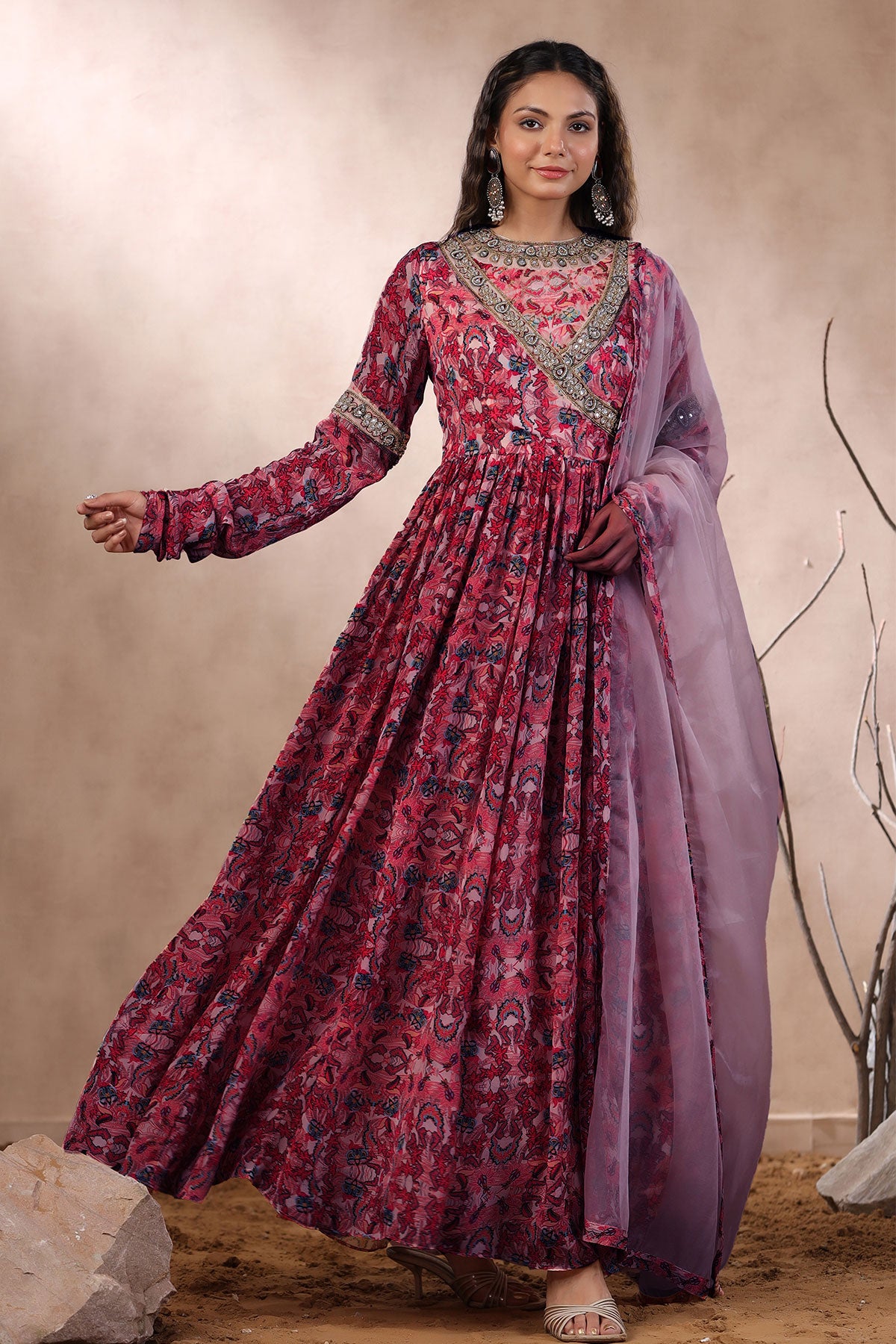 Rani Floral Printed Chanderi Beads and Rhinestone Neck Embroidered Floor-Length Anarkali Gown Dupatta Set