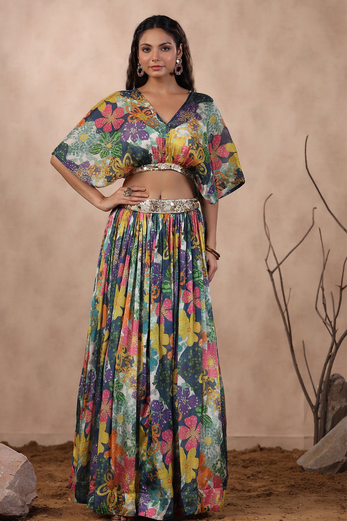 Rama Floral Printed Chinon Georgette Sequins Embroidered Bustier-Top and Skirt Co-Ord Set
