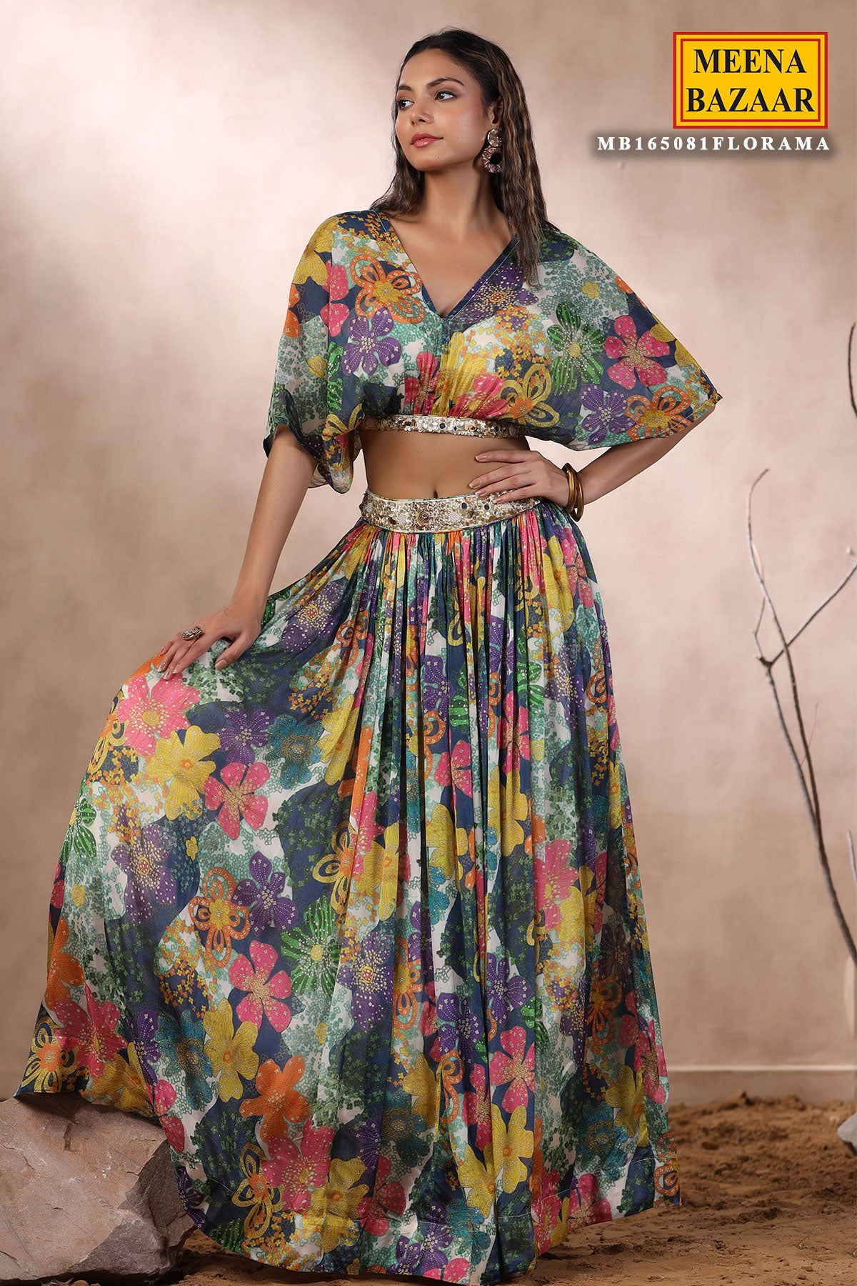 Rama Floral Printed Chinon Georgette Sequins Embroidered Bustier-Top and Skirt Co-Ord Set