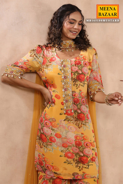 Mustard Crepe Printed Cut-Dana Neck Embroidered Suit Set