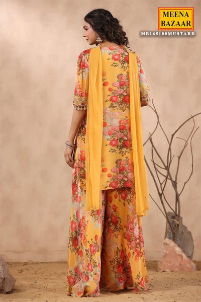 Mustard Crepe Printed Cut-Dana Neck Embroidered Suit Set