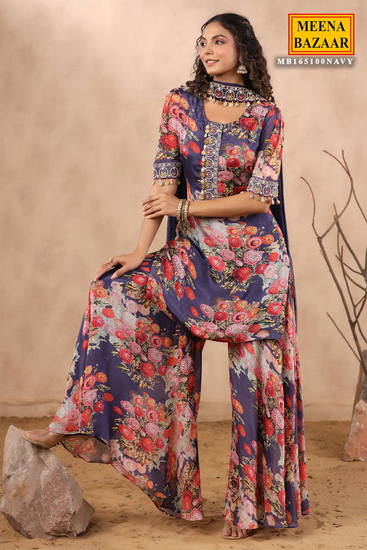 Navy Crepe Printed Cut-Dana Neck Embroidered Suit Set