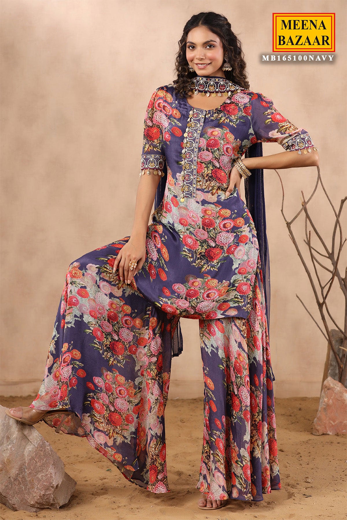 Navy Crepe Printed Cut-Dana Neck Embroidered Suit Set