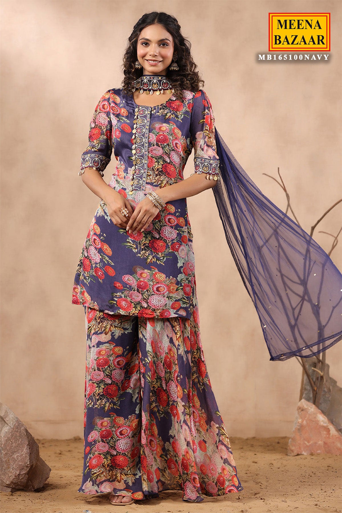 Navy Crepe Printed Cut-Dana Neck Embroidered Suit Set