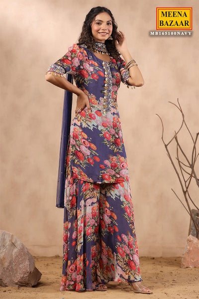 Navy Crepe Printed Cut-Dana Neck Embroidered Suit Set