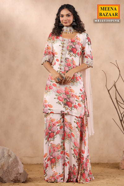 Light Pink Crepe Printed Cut-Dana Neck Embroidered Suit Set