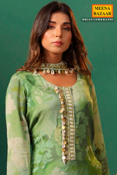 Mehandi Georgette Floral Printed Neck Embellished Sharara Suit