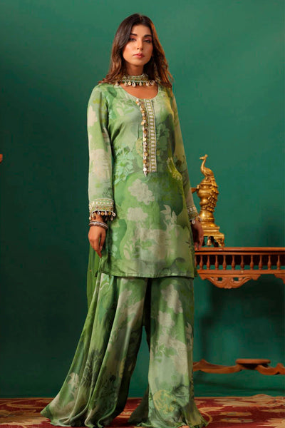 Mehandi Georgette Floral Printed Neck Embellished Sharara Suit