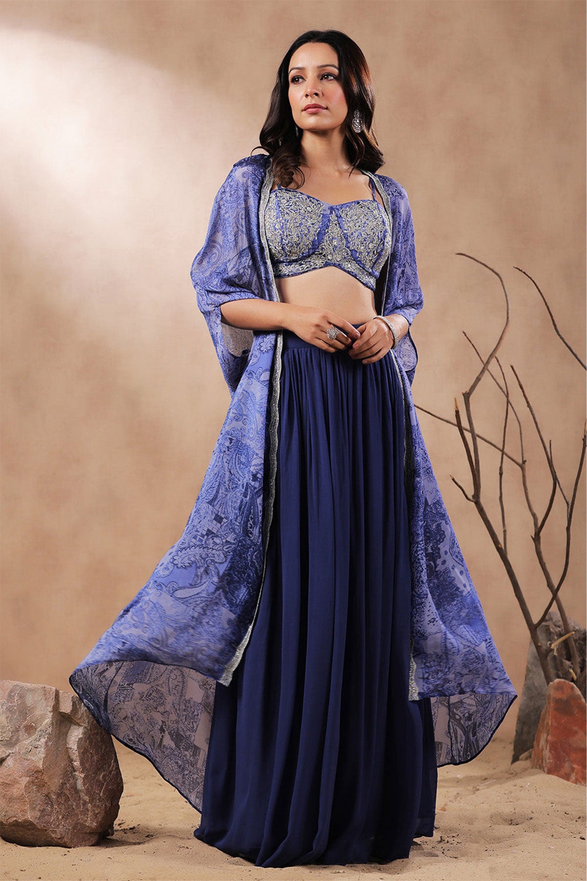 Blue Crepe Embroidered Bustier-Skirt with Shrug 3-Piece Co-ord Set