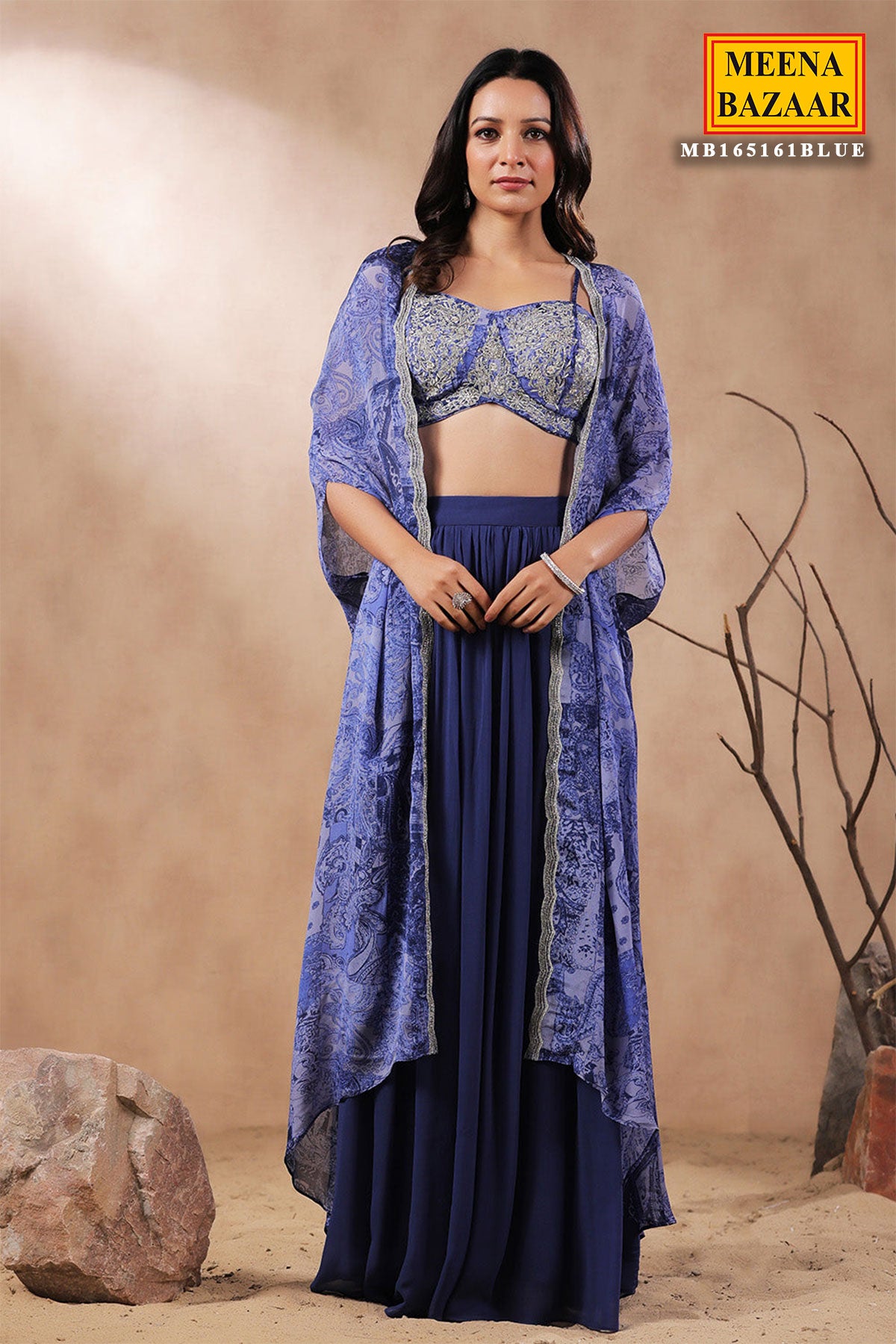 Blue Crepe Embroidered Bustier-Skirt with Shrug 3-Piece Co-ord Set