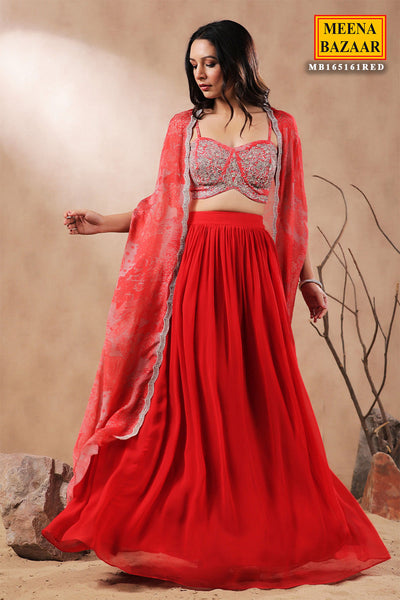 Red Crepe Embroidered Bustier-Skirt with Shrug 3-Piece Co-ord Set