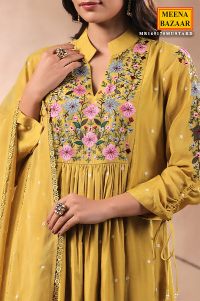 Mustard Chanderi Silk Floral Threadwork Embroidered Suit