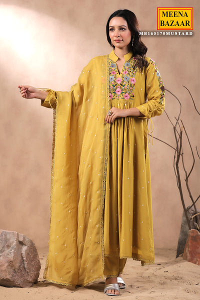 Mustard Chanderi Silk Floral Threadwork Embroidered Suit