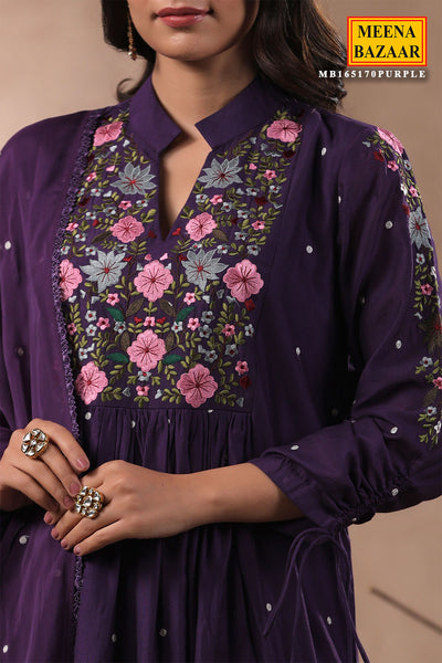 Purple Chanderi Silk Floral Threadwork Embroidered Suit