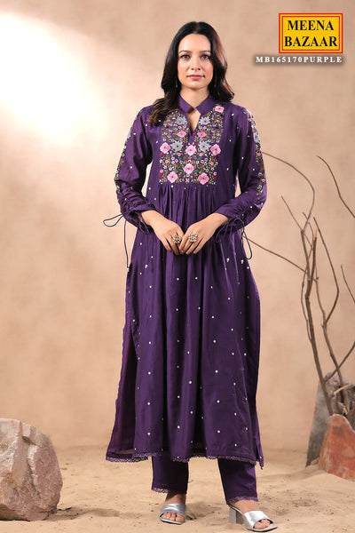 Purple Chanderi Silk Floral Threadwork Embroidered Suit