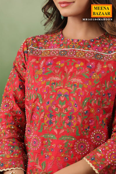 Maroon Silk Embroidered Kurti Gharara Suit