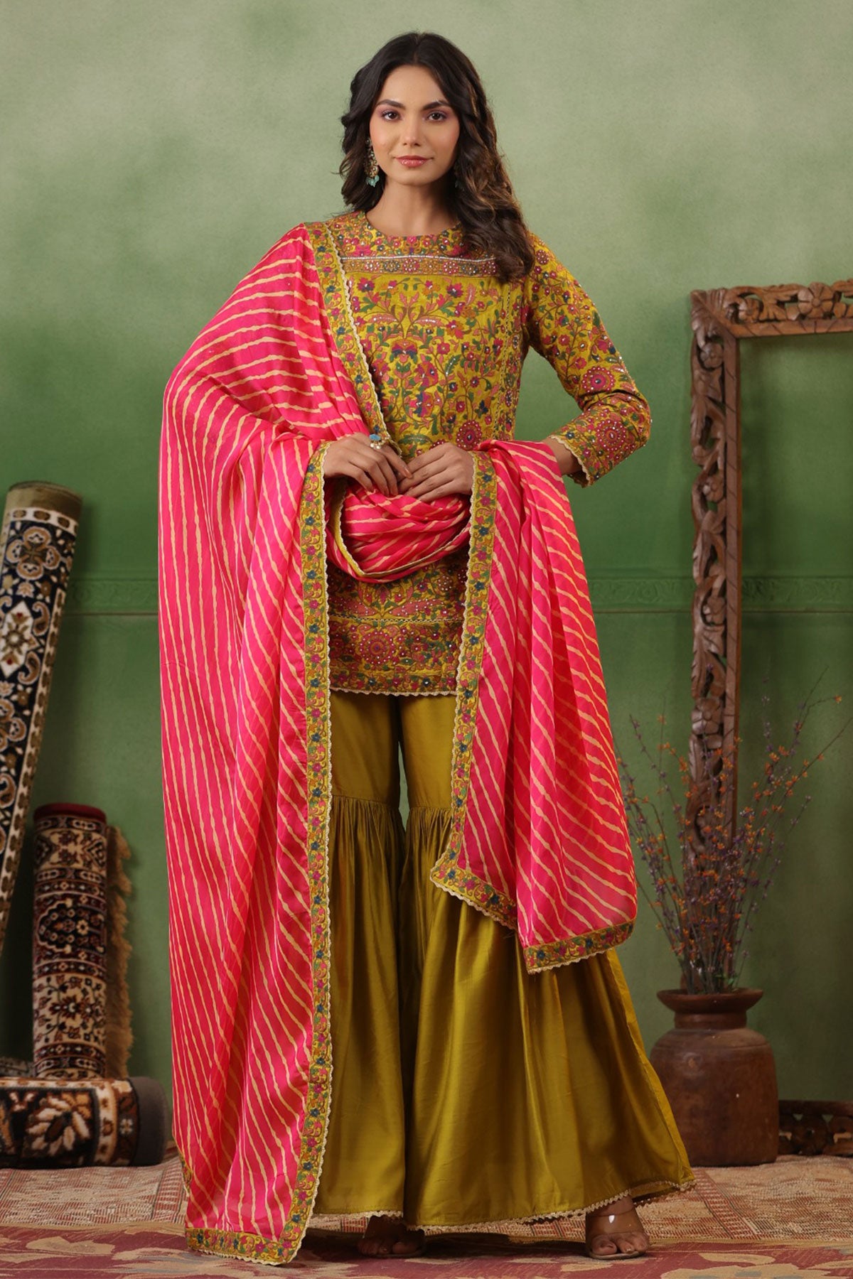 Mehendi Silk Embroidered Kurti Gharara Suit