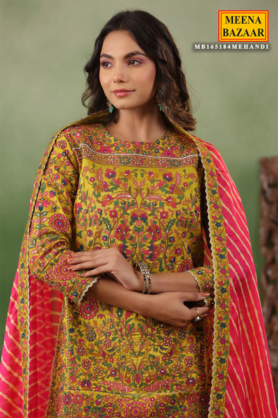 Mehendi Silk Embroidered Kurti Gharara Suit