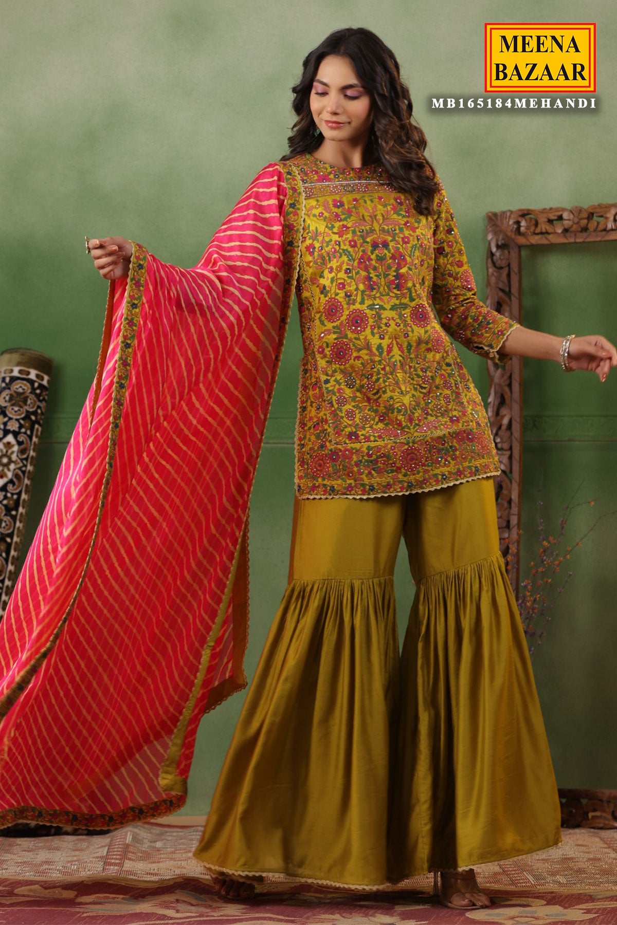 Mehendi Silk Embroidered Kurti Gharara Suit