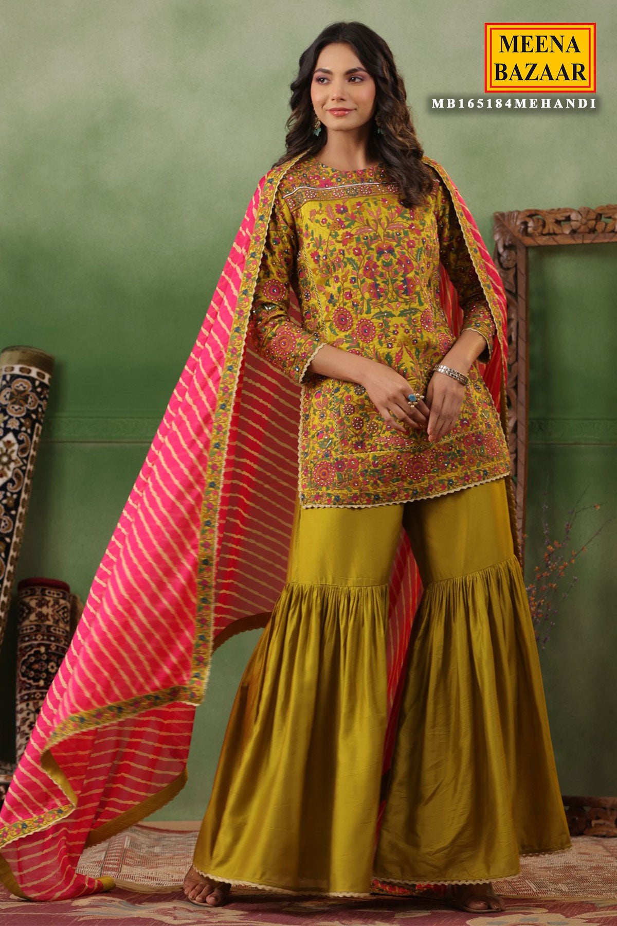 Mehendi Silk Embroidered Kurti Gharara Suit