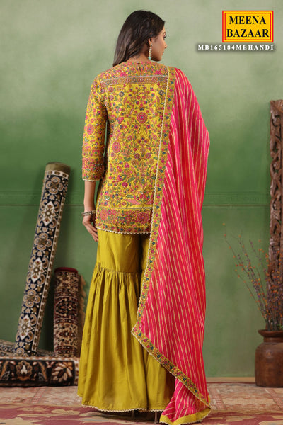 Mehendi Silk Embroidered Kurti Gharara Suit