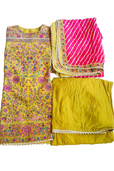 Mehendi Silk Embroidered Kurti Gharara Suit