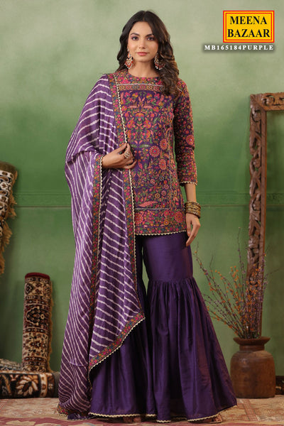Purple Silk Embroidered Kurti Gharara Suit