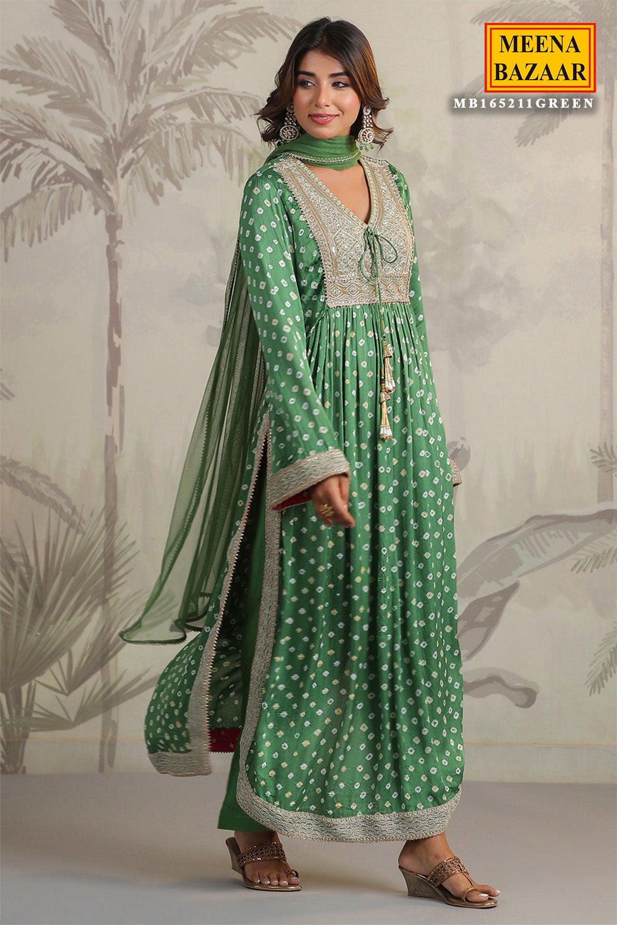 Green Satin Printed Sequin Embroidered Suit Set