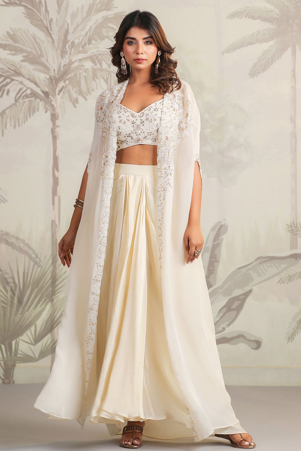 Cream Georgette Embroidered Bustier-Skirt with Cape 3-Piece Co-ord Set