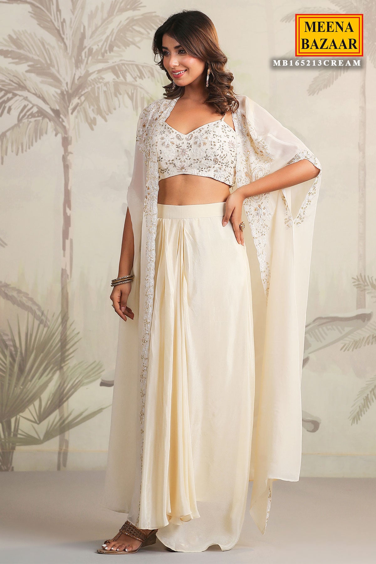 Cream Georgette Embroidered Bustier-Skirt with Cape 3-Piece Co-ord Set