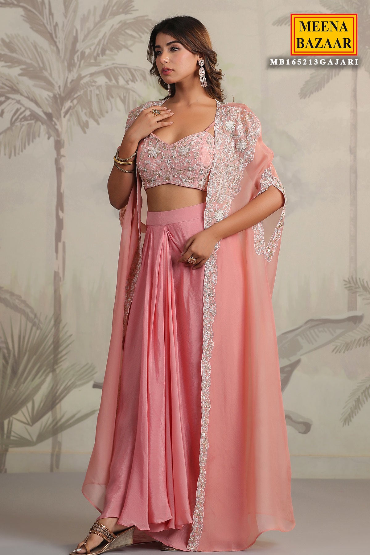 Pink Georgette Embroidered Bustier-Skirt with Cape 3-Piece Co-ord Set