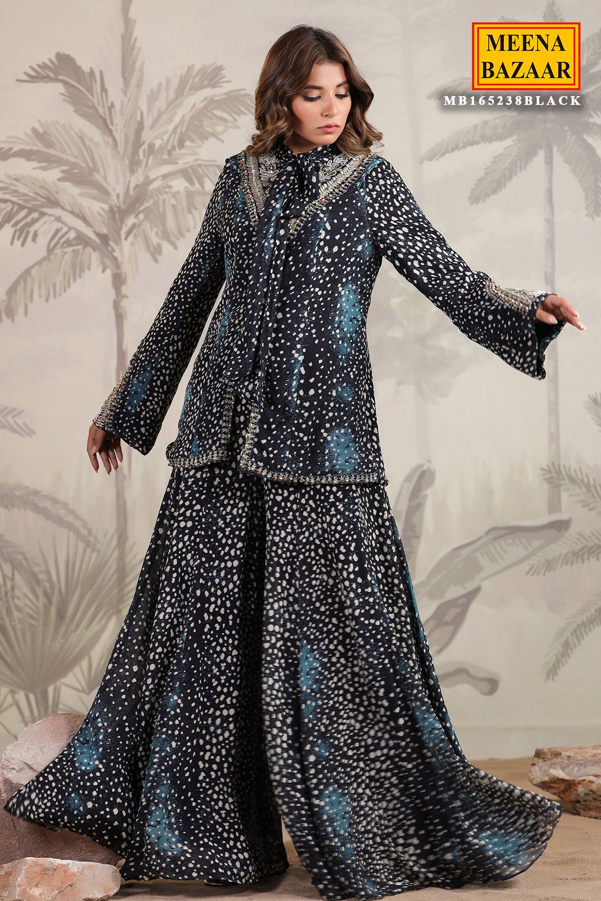 Black Georgette Embroidered Jacket Style Kurta Sharara Set