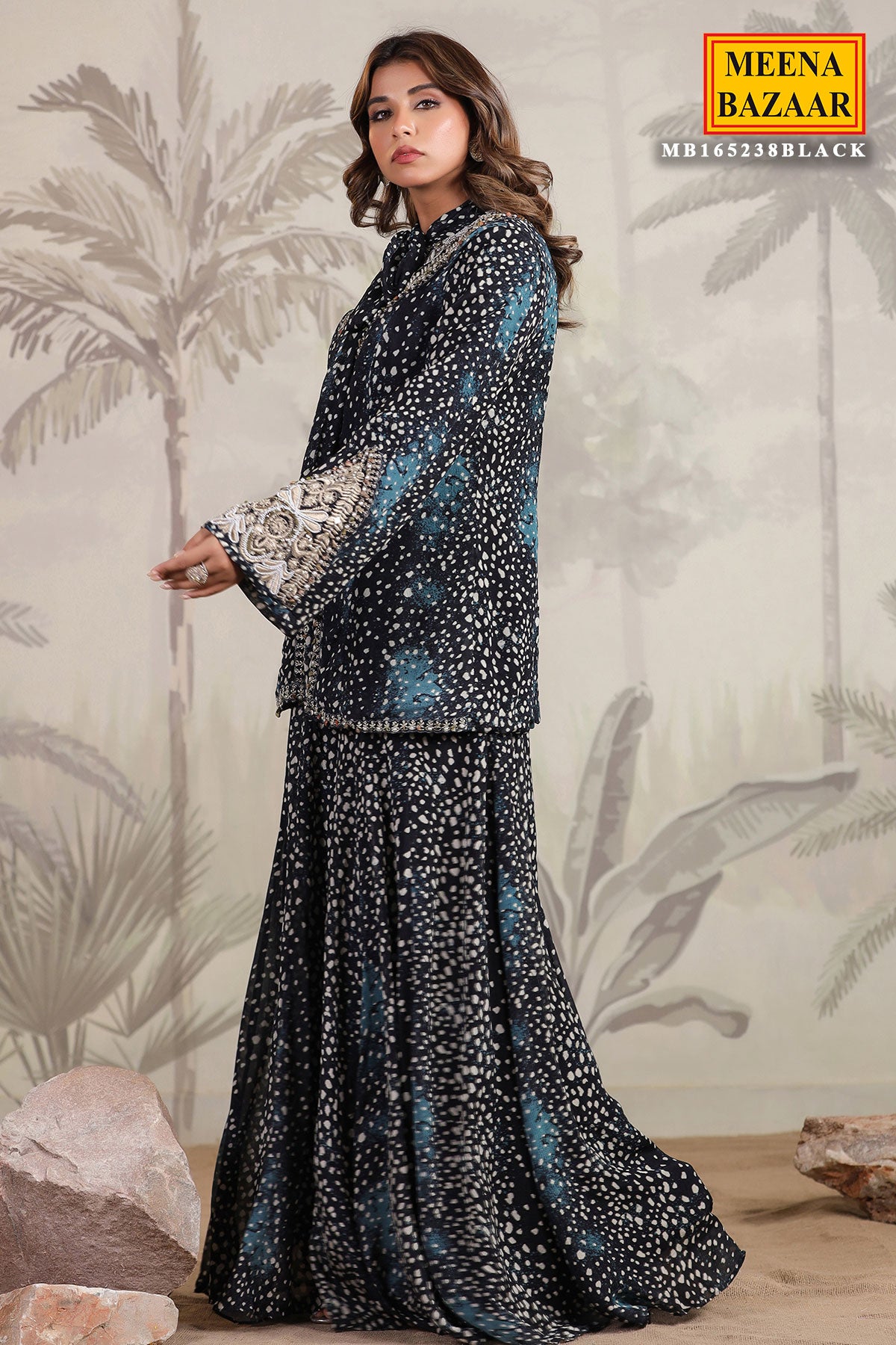 Black Georgette Embroidered Jacket Style Kurta Sharara Set