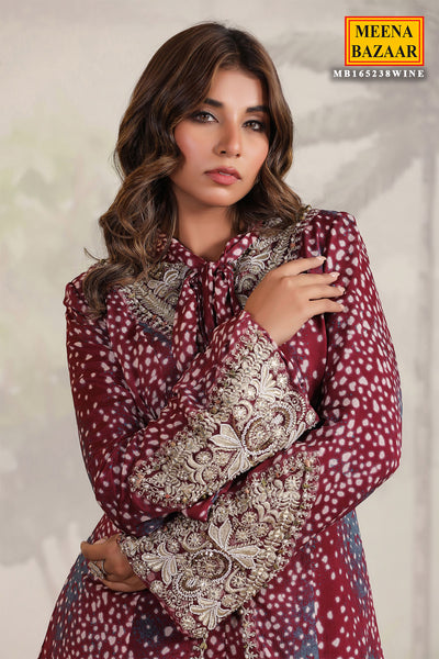 Burgundy Georgette Embroidered Jacket Style Kurta Sharara Set