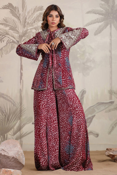 Burgundy Georgette Embroidered Jacket Style Kurta Sharara Set