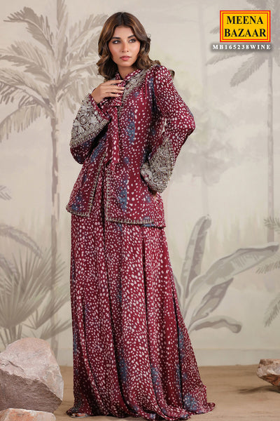 Burgundy Georgette Embroidered Jacket Style Kurta Sharara Set