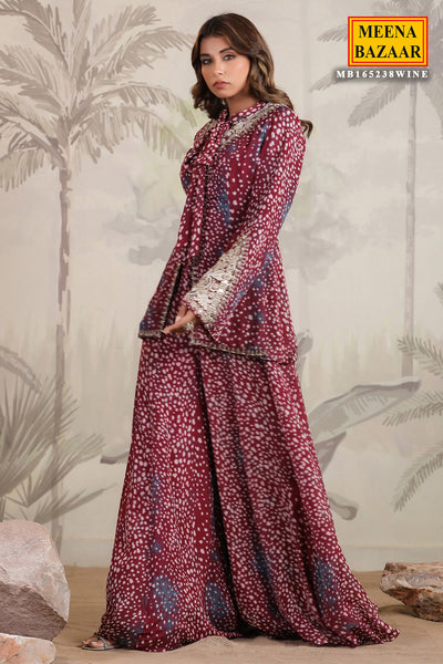 Burgundy Georgette Embroidered Jacket Style Kurta Sharara Set