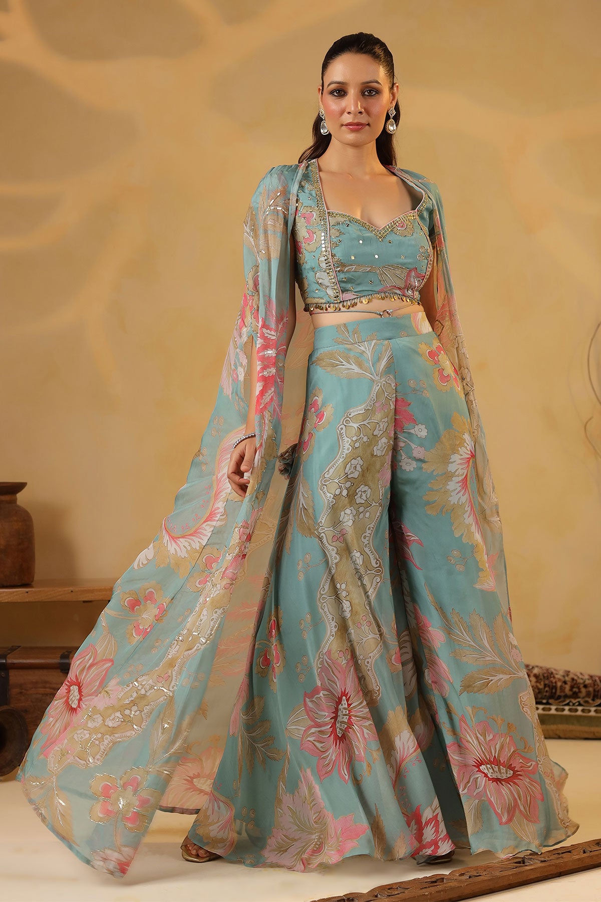 Graceful Sea Green Organza Embroidered Lehenga Set