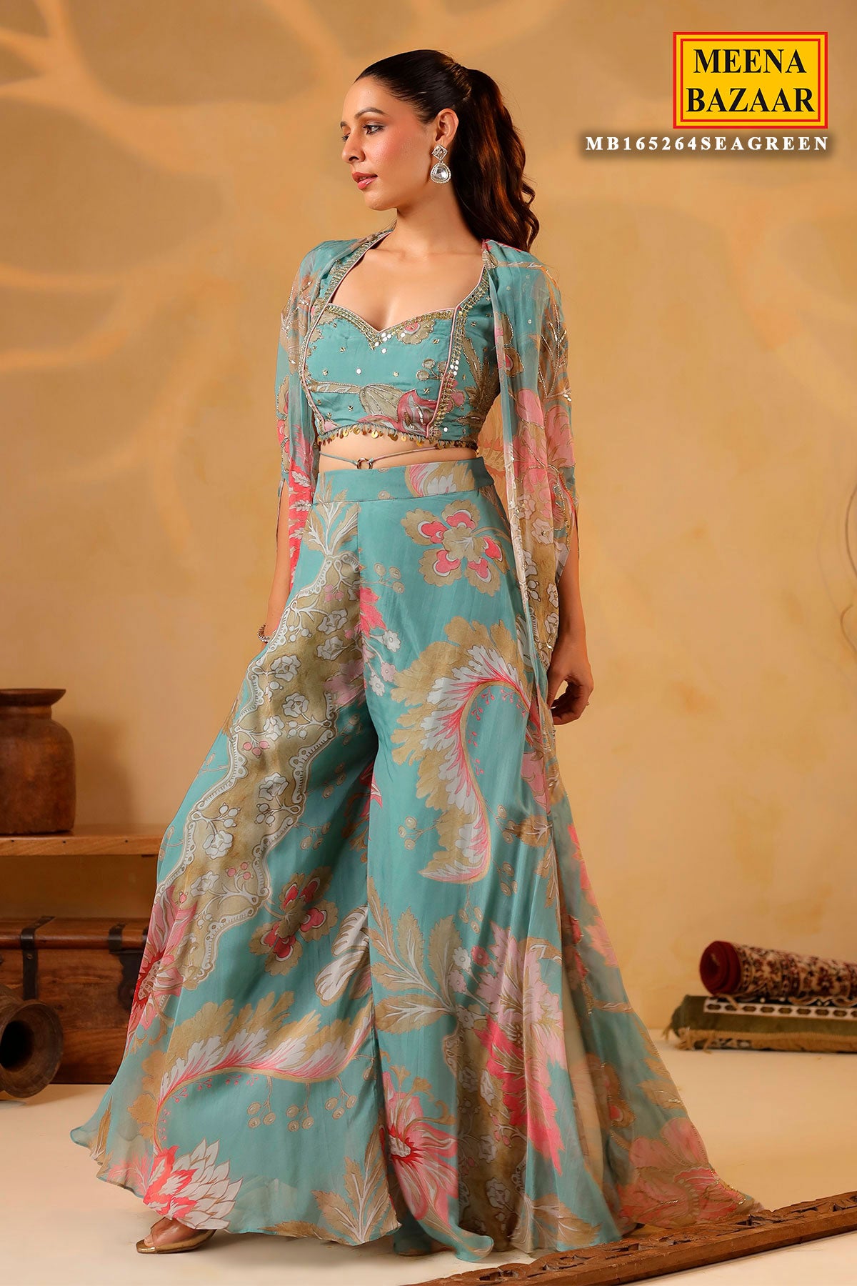 Graceful Sea Green Organza Embroidered Lehenga Set