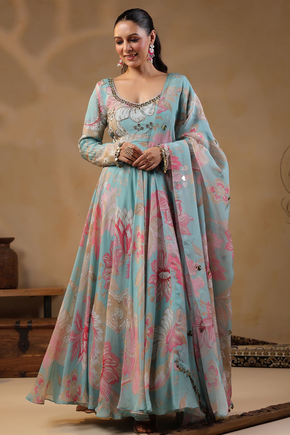 Firozi Organza Mirror And Cut-Dana Embroidered Gown