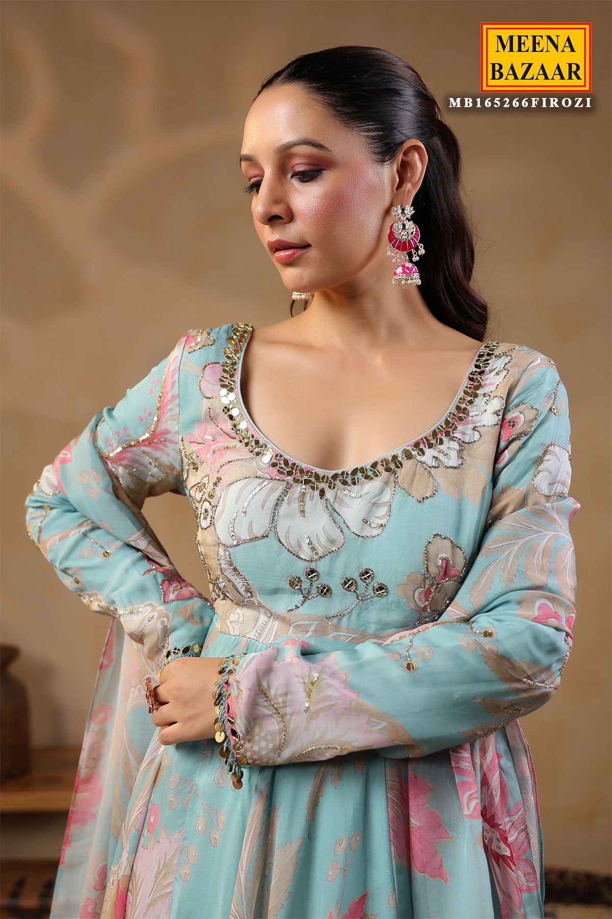 Firozi Organza Mirror And Cut-Dana Embroidered Gown