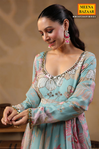 Firozi Organza Mirror And Cut-Dana Embroidered Gown