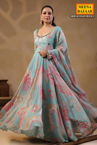 Firozi Organza Mirror And Cut-Dana Embroidered Gown