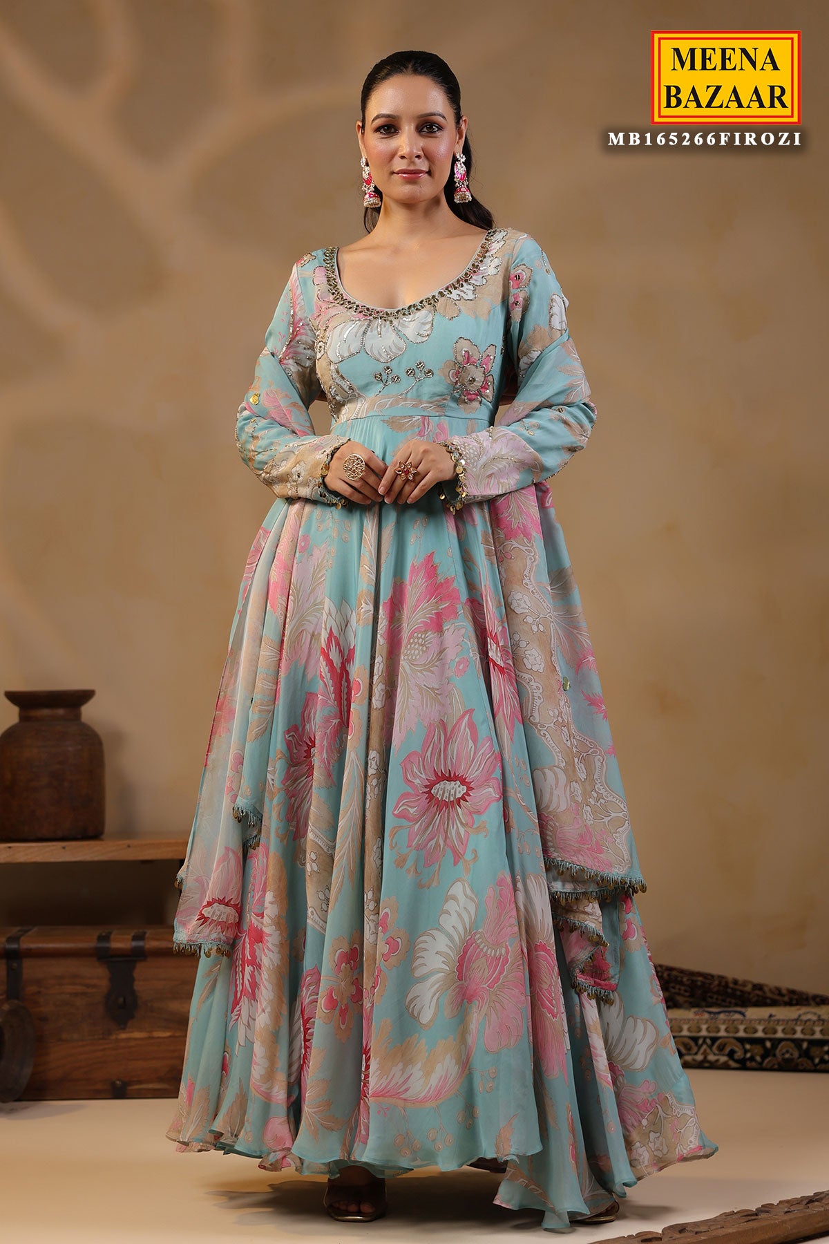 Firozi Organza Mirror And Cut-Dana Embroidered Gown