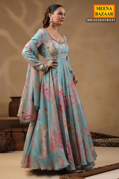 Firozi Organza Mirror And Cut-Dana Embroidered Gown