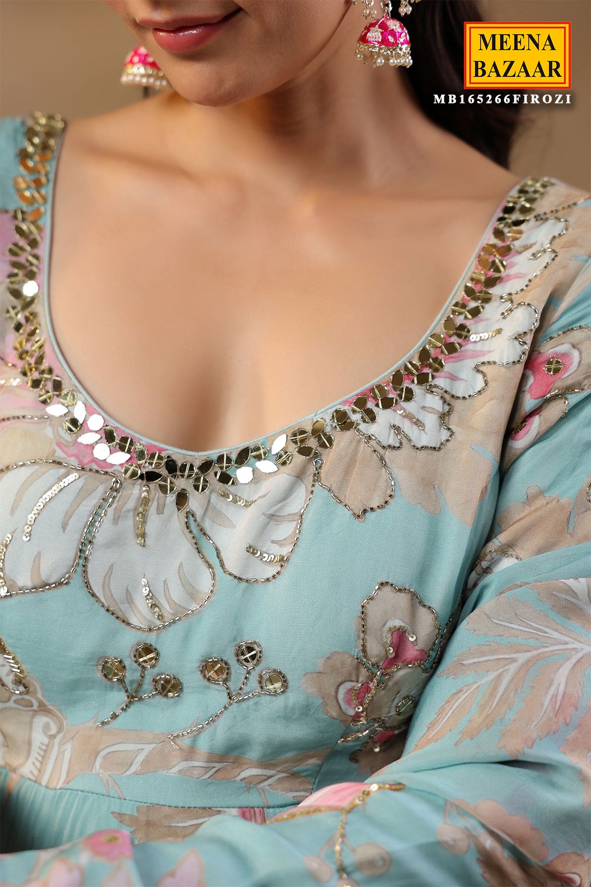 Firozi Organza Mirror And Cut-Dana Embroidered Gown